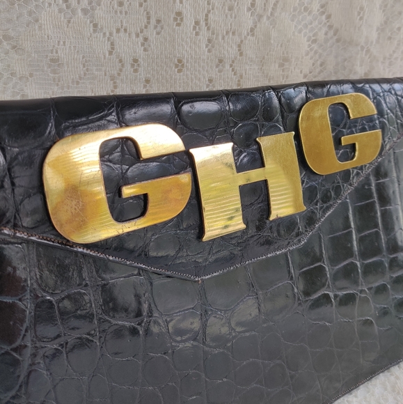 Black Alligator Skin Embossed Large Clutch Purse Vintage Abercrombie and Fitch - Picture 3 of 7